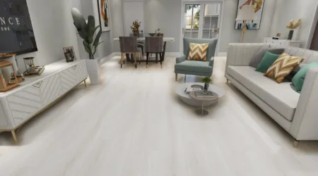 Maxxi Floors Prime Artic White Luxury Vinyl Flooring planks installed in a bright and airy living room.