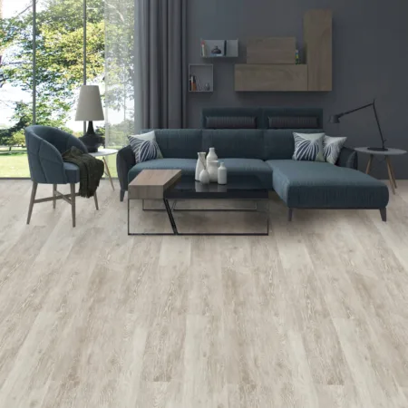 Maxxi Floors Summit Oatmeal Luxury Vinyl Flooring planks installed in a bright living room.