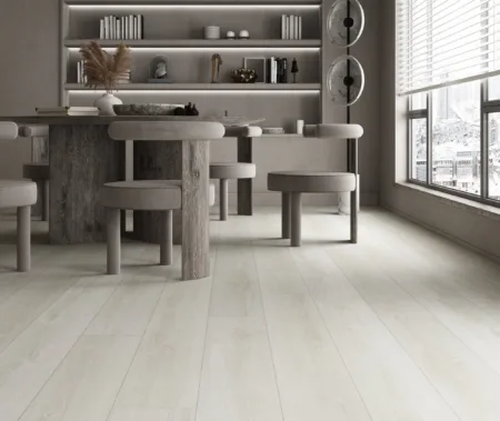 Maxxi Floors Prime Vanilla Tan Luxury Vinyl Flooring planks installed in a bright and airy living room.