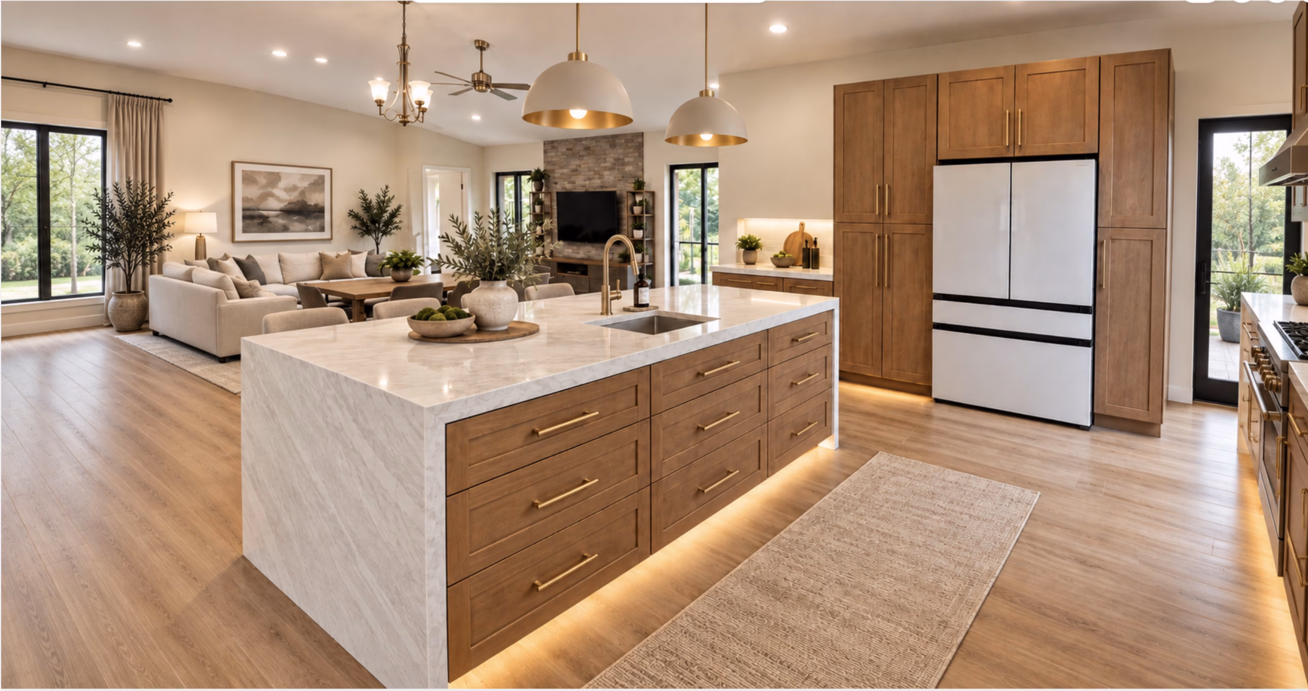 Modern kitchen with wood cabinets, quartz waterfall island, and luxury vinyl flooring