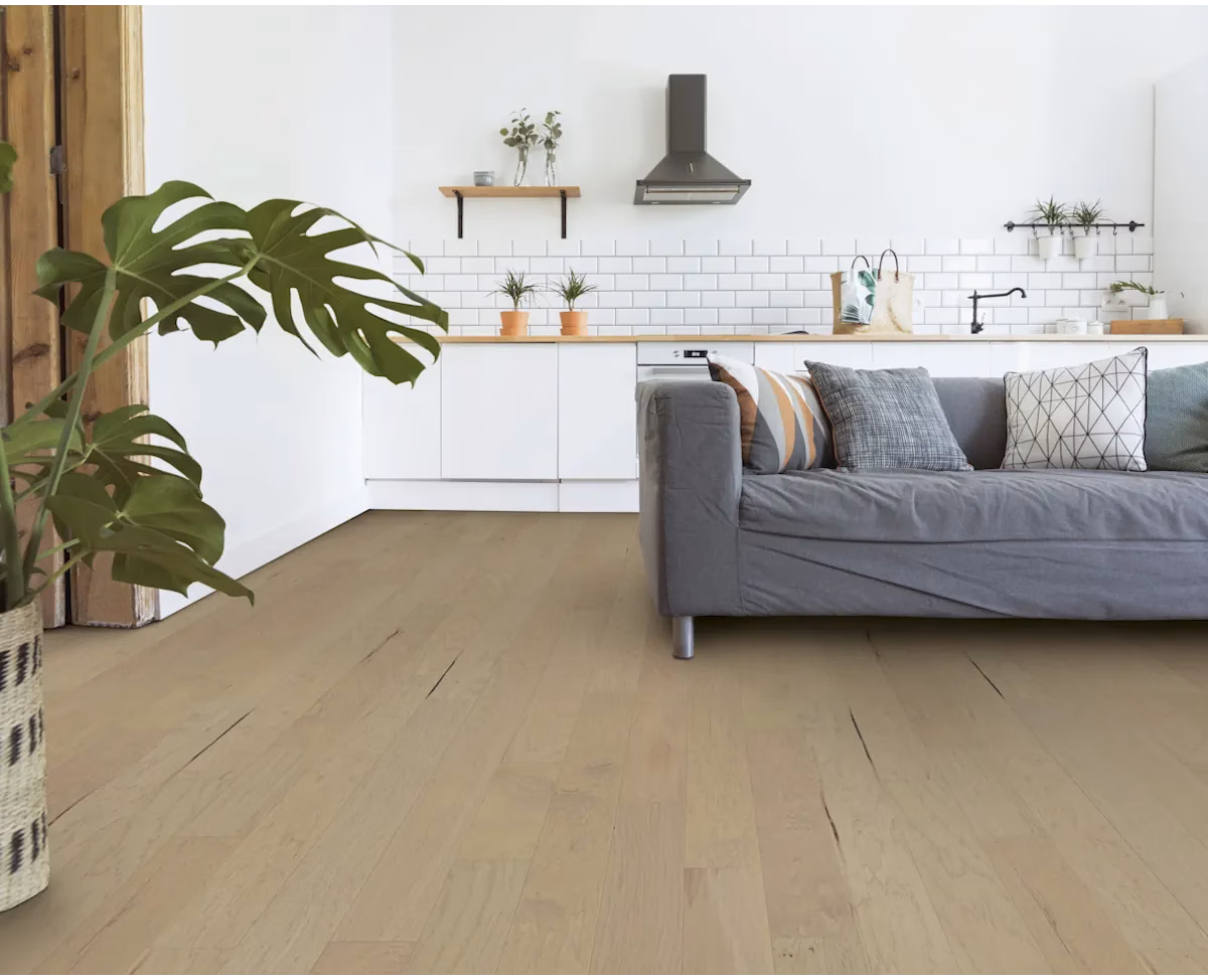 Mullican Lincolnshire Warm Barley hardwood flooring installed in a room