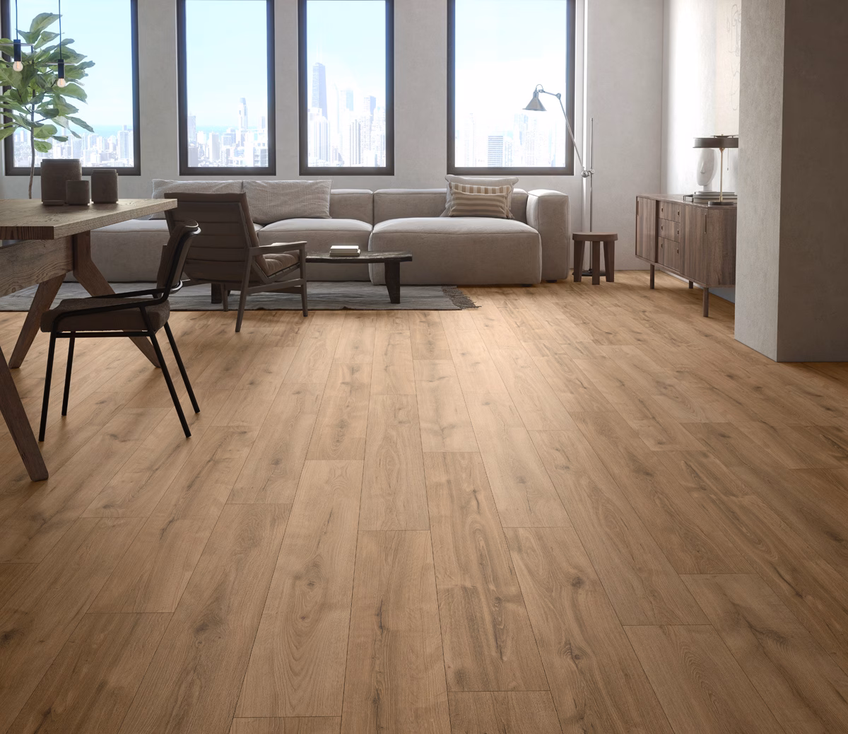 Inhaus Lamdura Landmark Ruckstone laminate flooring installed in a room
