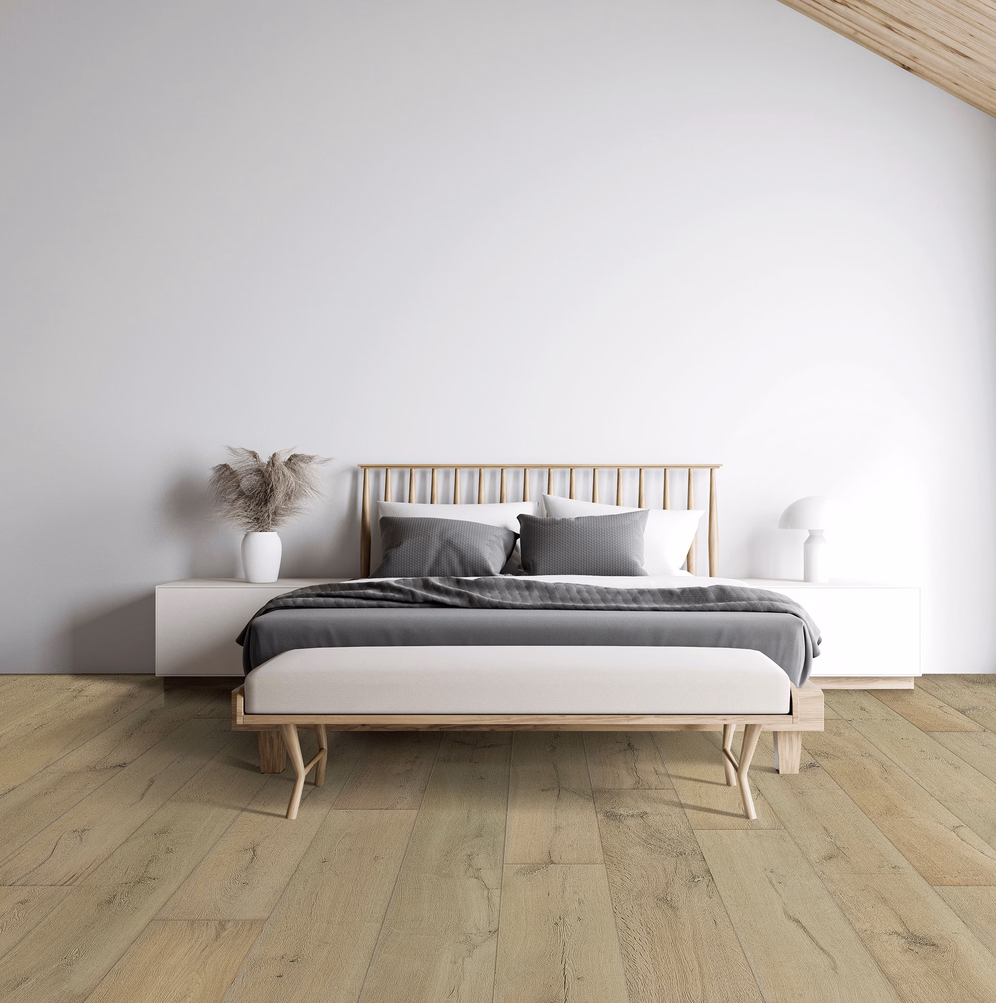 LIFECORE Anew Oak Treasured Pearl hardwood flooring installed in a room