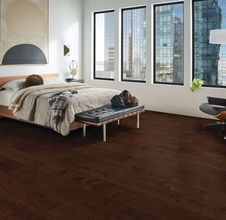 Armstrong Flooring Wanderer's Way Dark Roast hardwood flooring installed in a room