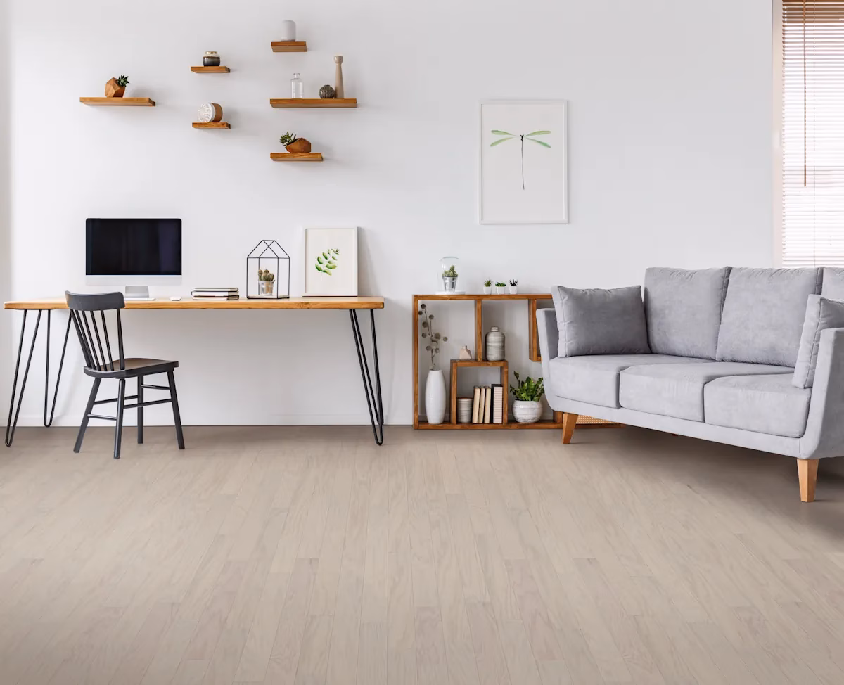 Mullican Eloquence Cloudveil hardwood flooring installed in a room