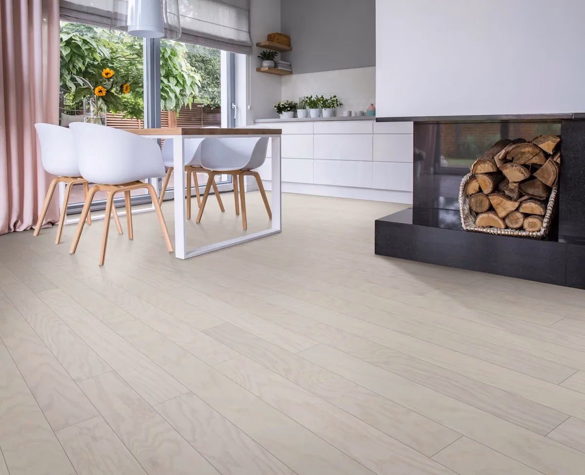 Mullican Eloquence Polar Dawn hardwood flooring installed in a room