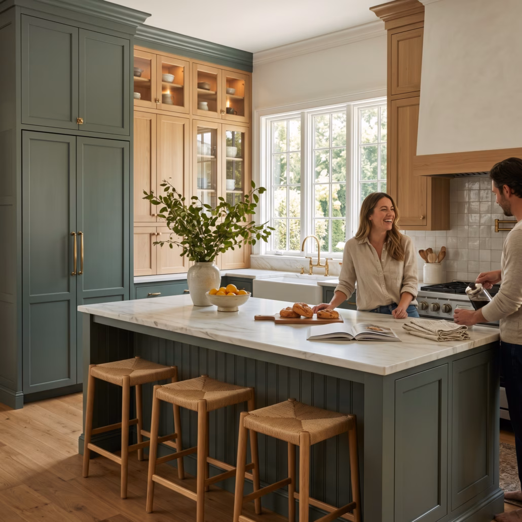 Custom kitchen featuring luxury eucalyptus green cabinets, natural white oak upper cabinetry, brass hardware, and a large island with custom beadboard detailing.