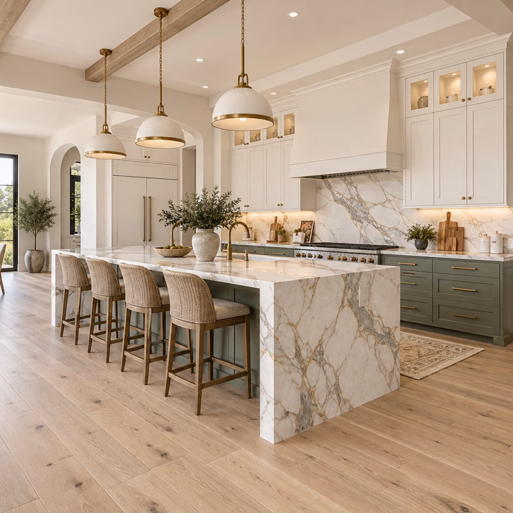 Kitchen with light beige oak flooring, sage green lower cabinets, white shaker upper cabinets, and Calacatta countertops with a waterfall island.