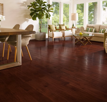 Hartco American Scrape Cranberry Woods hardwood flooring installed in a room