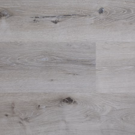 Axiscor Prime Plus Oyster Bay vinyl flooring showing light gray planks with knots and wood-grain variation.