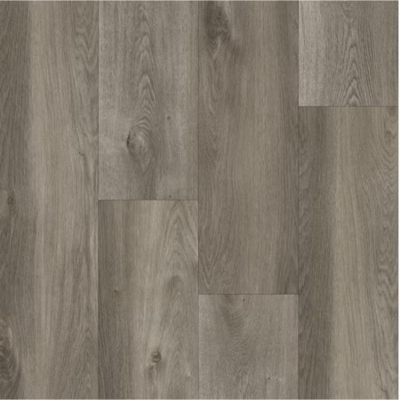 Axiscor Pro 9 Smokey Pass vinyl flooring showing gray-brown planks with knots and flowing grain.
