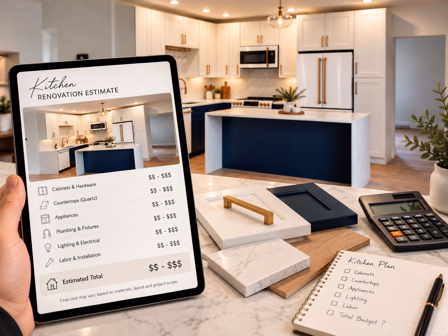 Hand holding a mobile phone submitting an outdated kitchen photo for a free expert-led 3D design makeover, checking custom style preferences and entering a phone number.