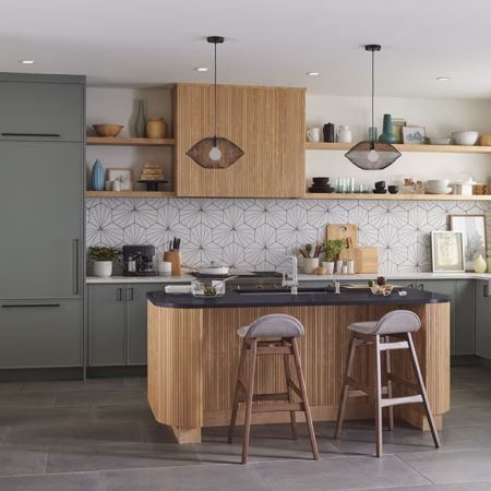 Eurocraft Haze Gray slim shaker cabinets in a kitchen