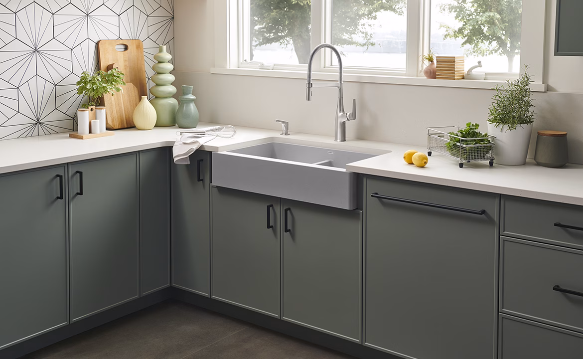 Eurocraft Haze Gray slim shaker cabinets in a kitchen