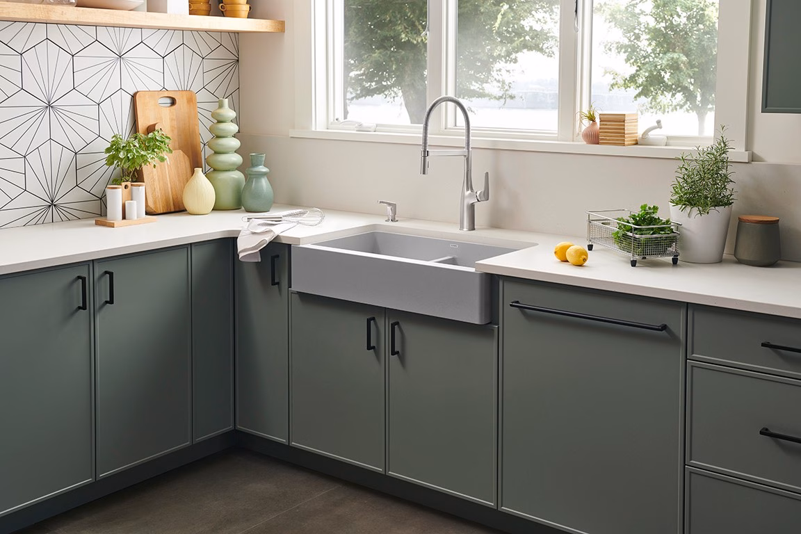 Eurocraft Haze Gray slim shaker cabinets in a kitchen