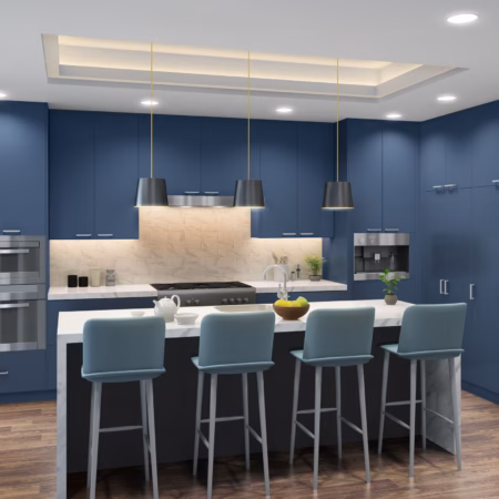 Eurocraft Luxe Azul Indigo high-gloss slab cabinets in a kitchen