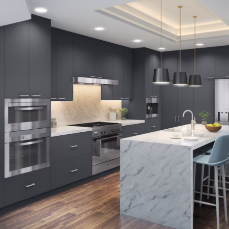 Eurocraft Gray slab cabinets in a kitchen
