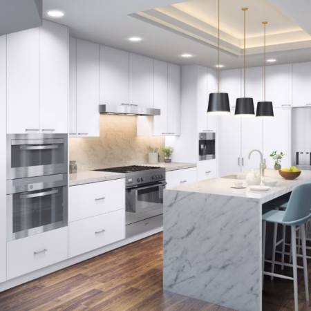Eurocraft White slab cabinets in a kitchen