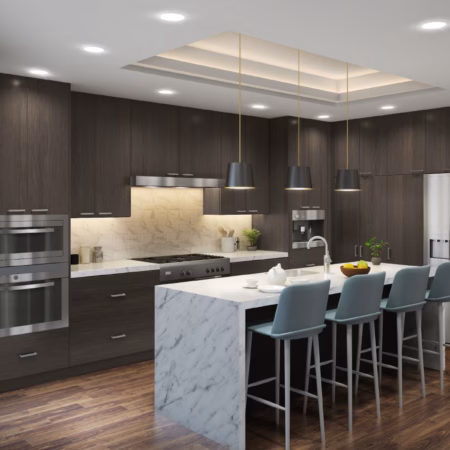 Eurocraft Dark Oak slab cabinets in a kitchen