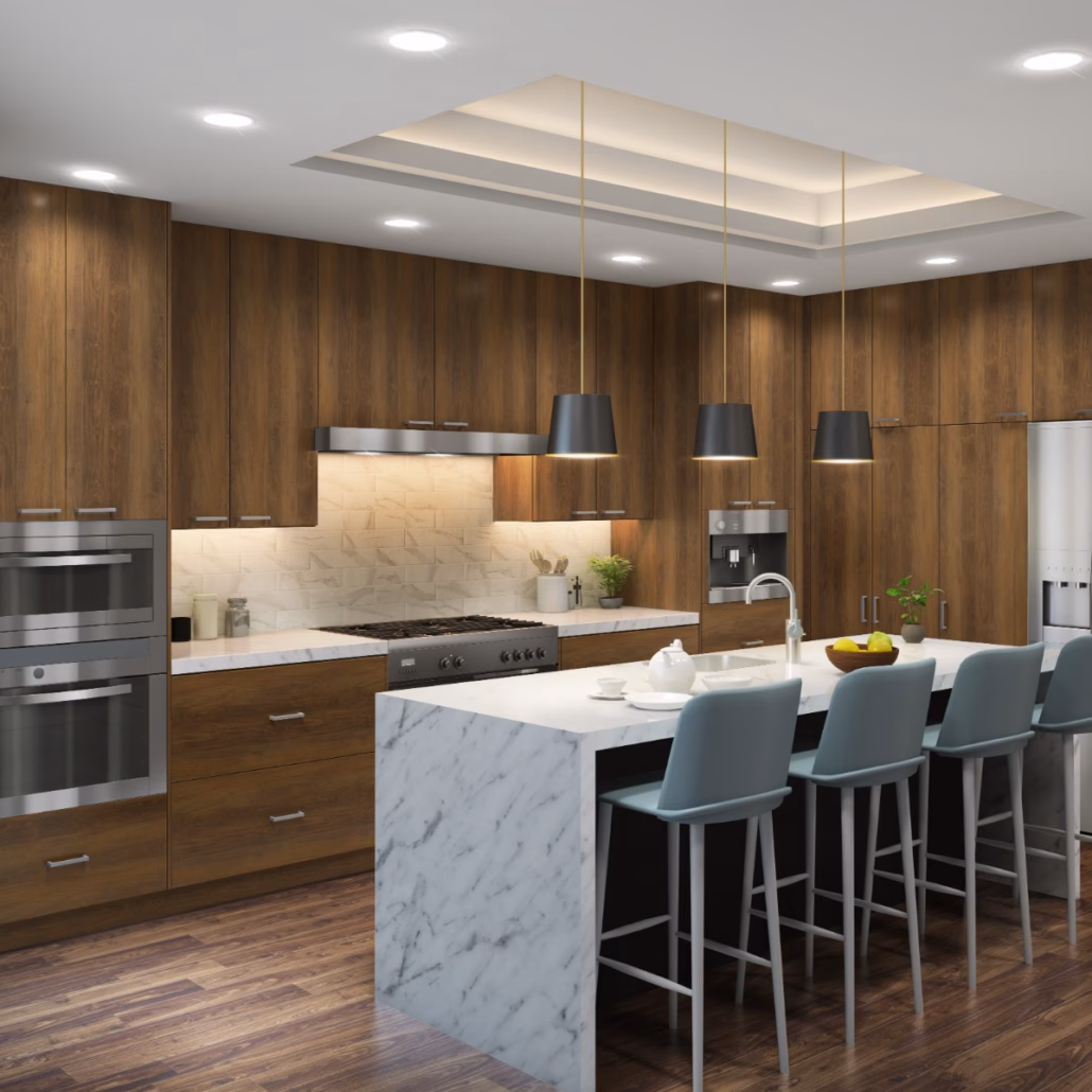 Eurocraft Medium Oak slab cabinets in a kitchen