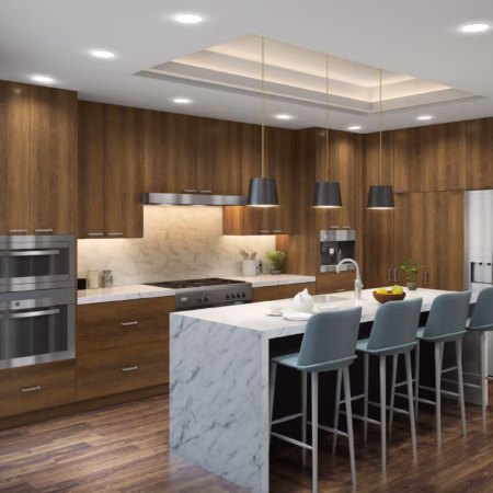 Eurocraft Medium Oak slab cabinets in a kitchen