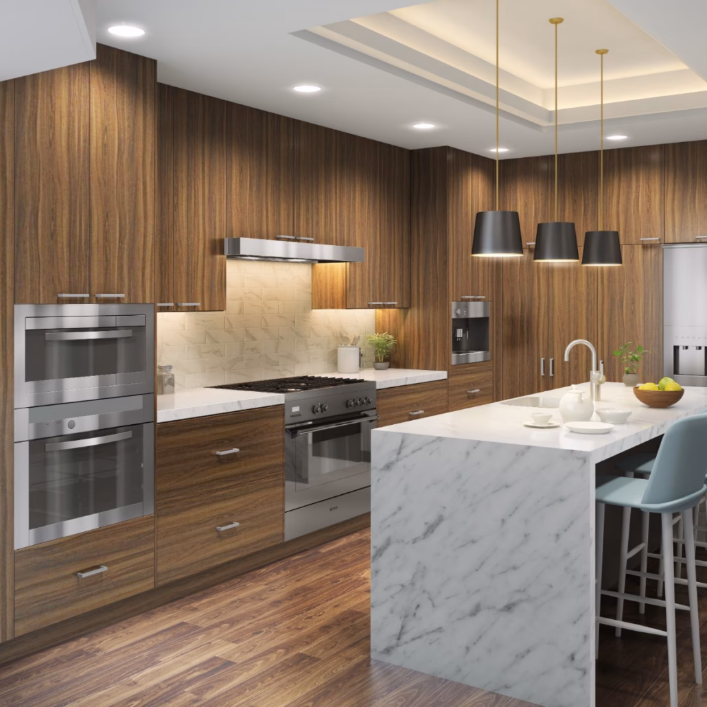 Eurocraft Pecan slab cabinets in a kitchen
