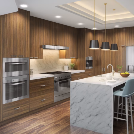 Eurocraft Pecan slab cabinets in a kitchen