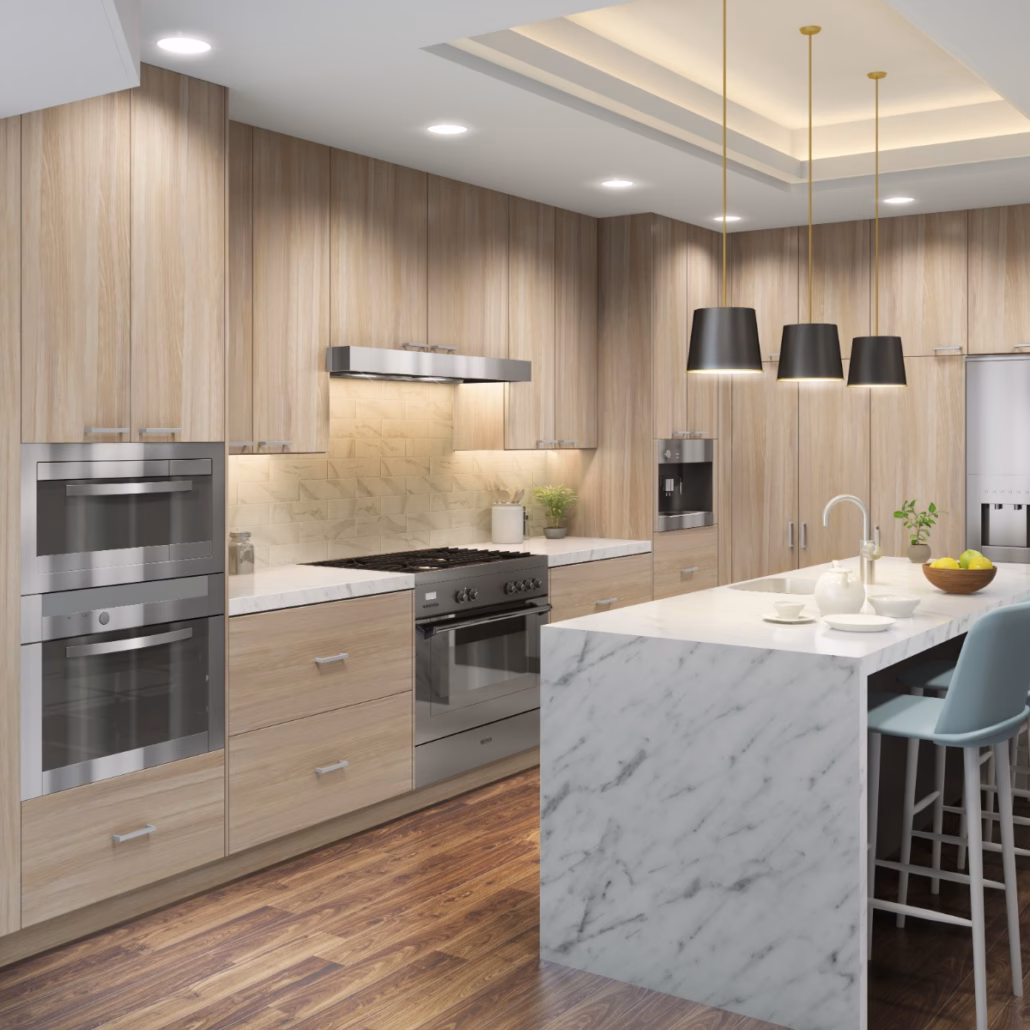 Eurocraft Red Oak slab cabinets in a kitchen
