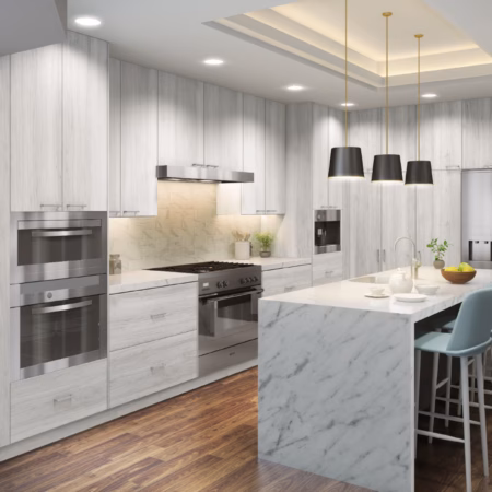 Eurocraft White Oak slab cabinets in a kitchen