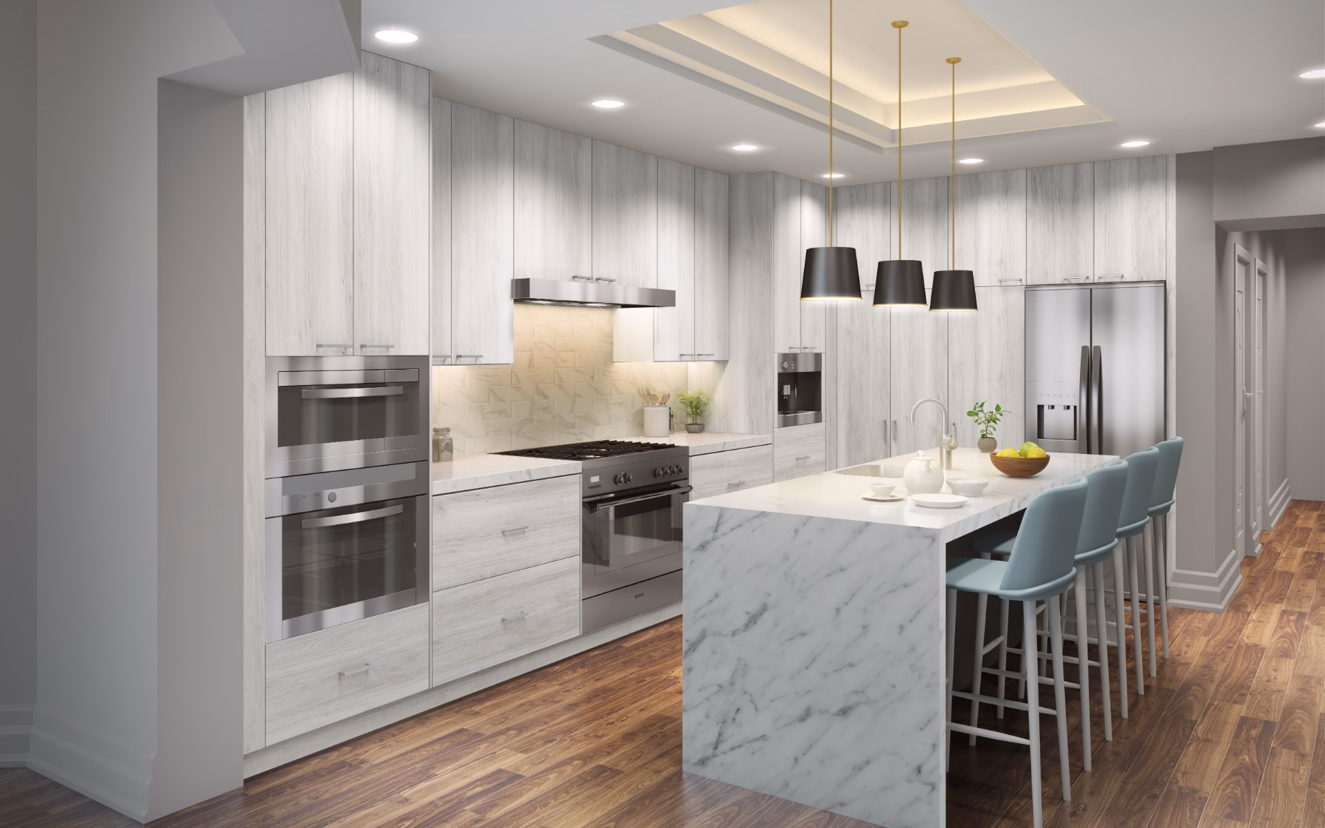 Eurocraft White Oak slab cabinets in a kitchen