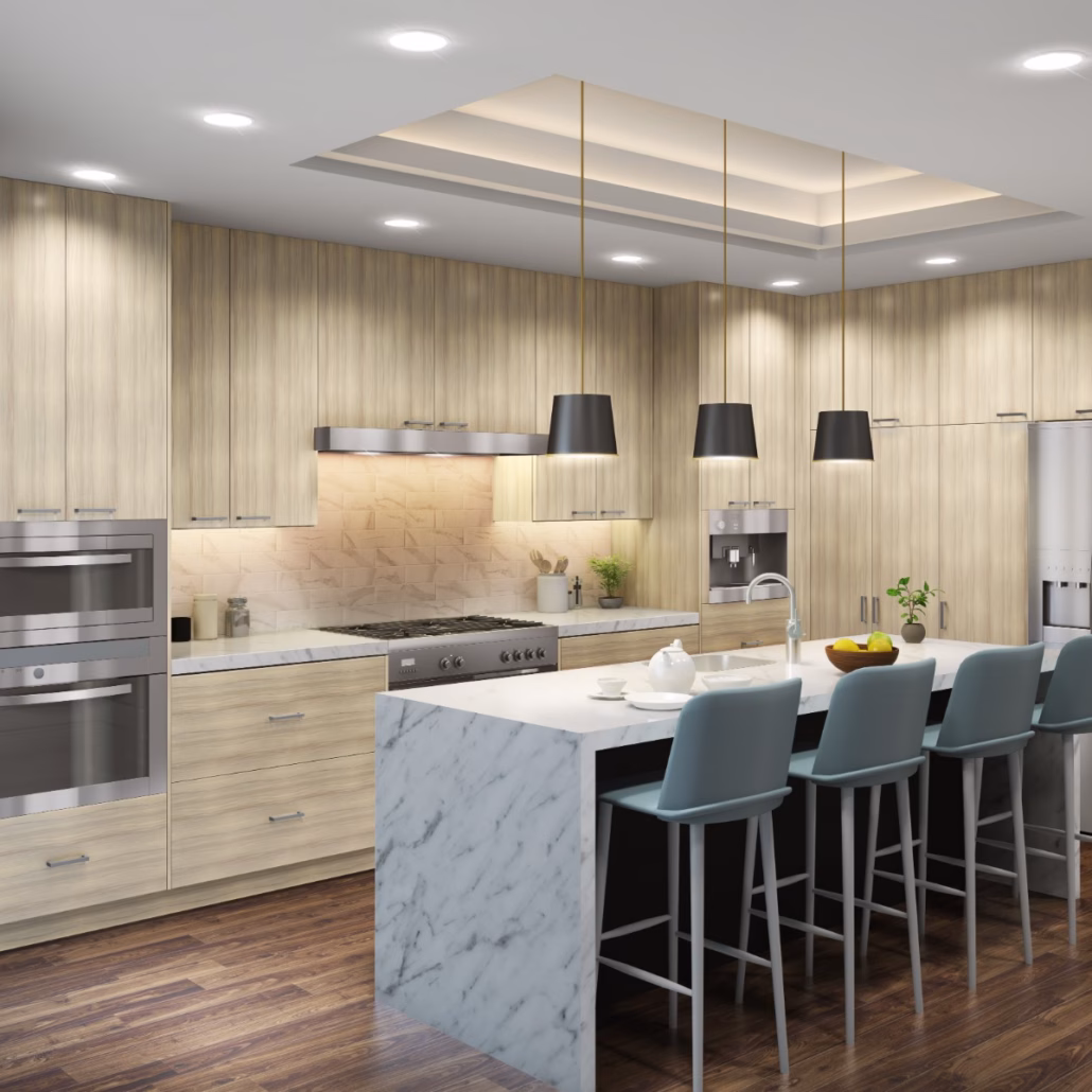 Eurocraft Yellow Oak slab cabinets in a kitchen