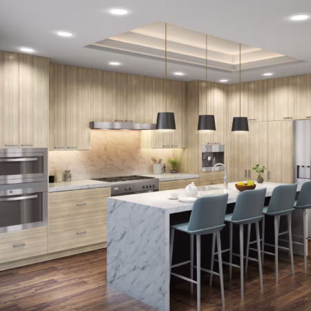 Eurocraft Yellow Oak slab cabinets in a kitchen