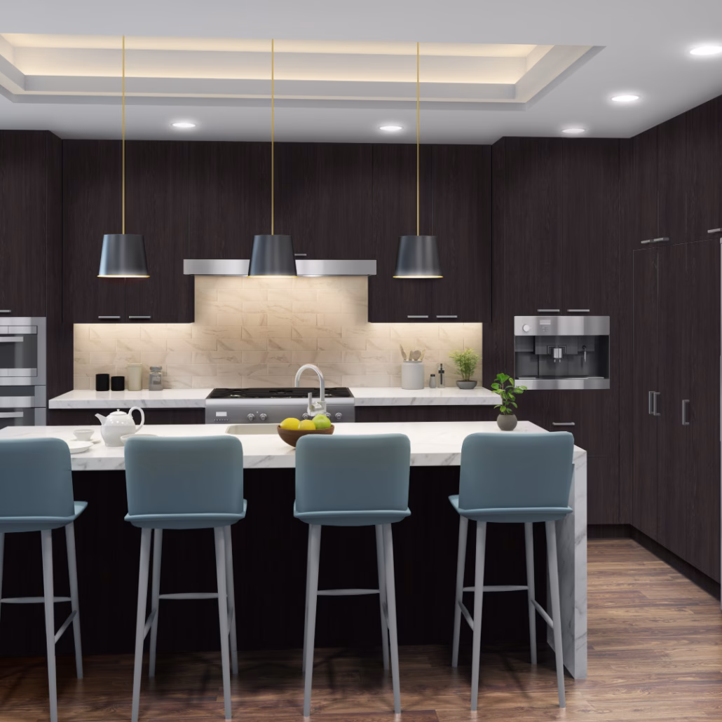 Eurocraft Black Hills Oak slab cabinets in a kitchen