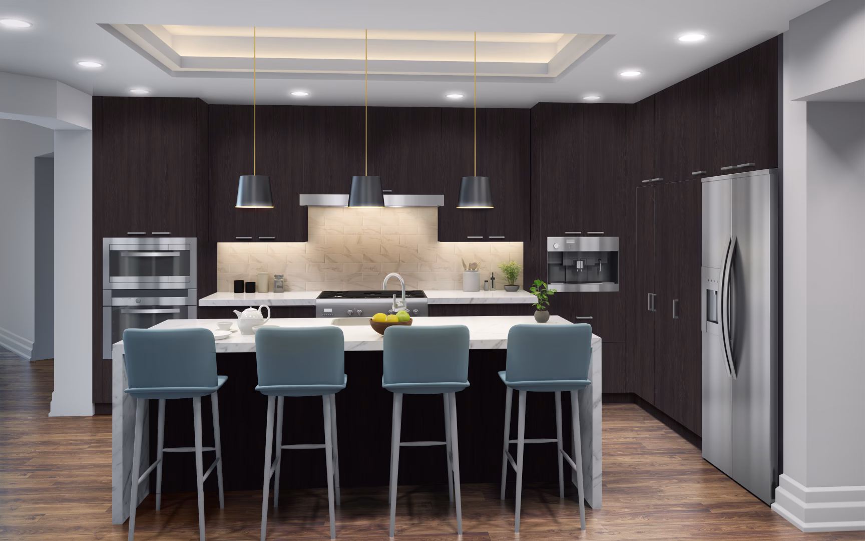 Eurocraft Black Hills Oak slab cabinets in a kitchen