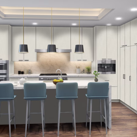 Eurocraft Crisp Linen slab cabinets in a kitchen
