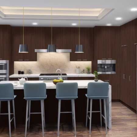 Eurocraft Dering Forest slab cabinets in a kitchen
