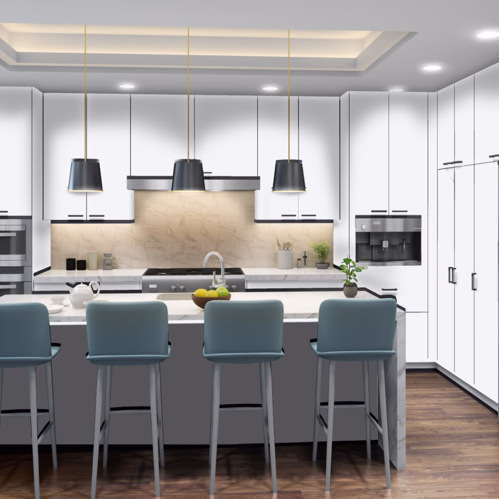 Eurocraft Designer White slab cabinets in a kitchen