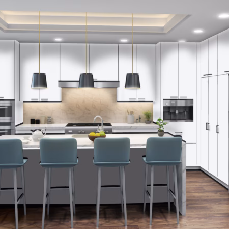 Eurocraft Designer White slab cabinets in a kitchen