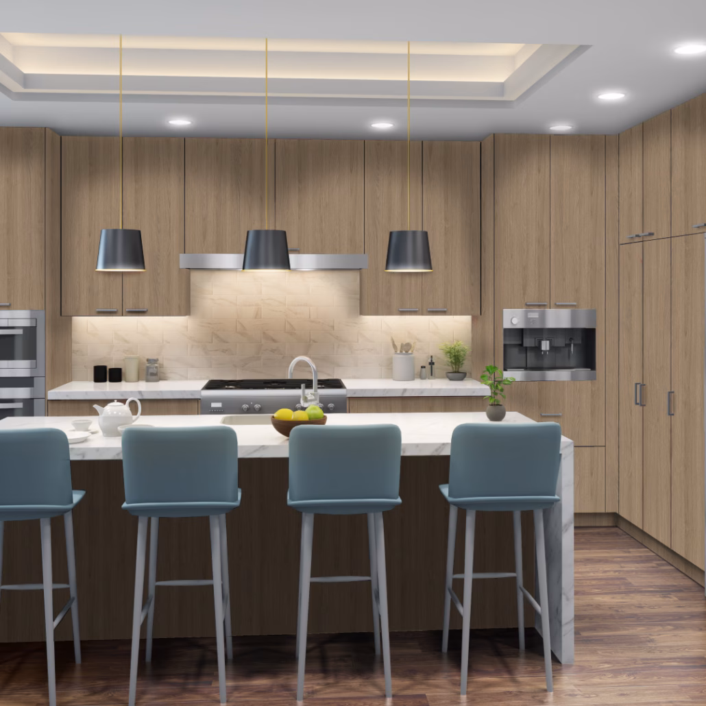 Eurocraft Friston Ash slab cabinets in a kitchen