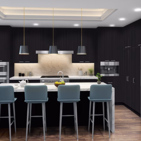 Eurocraft Fairchild slab cabinets in a kitchen