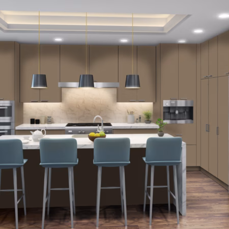 Eurocraft Grigio Tessere slab cabinets in a kitchen