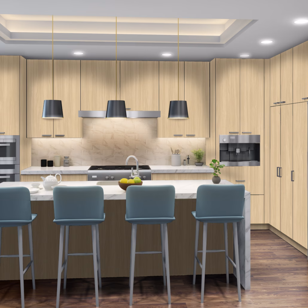 Eurocraft Helena Walnut slab cabinets in a kitchen