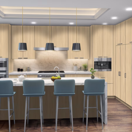 Eurocraft Helena Walnut slab cabinets in a kitchen