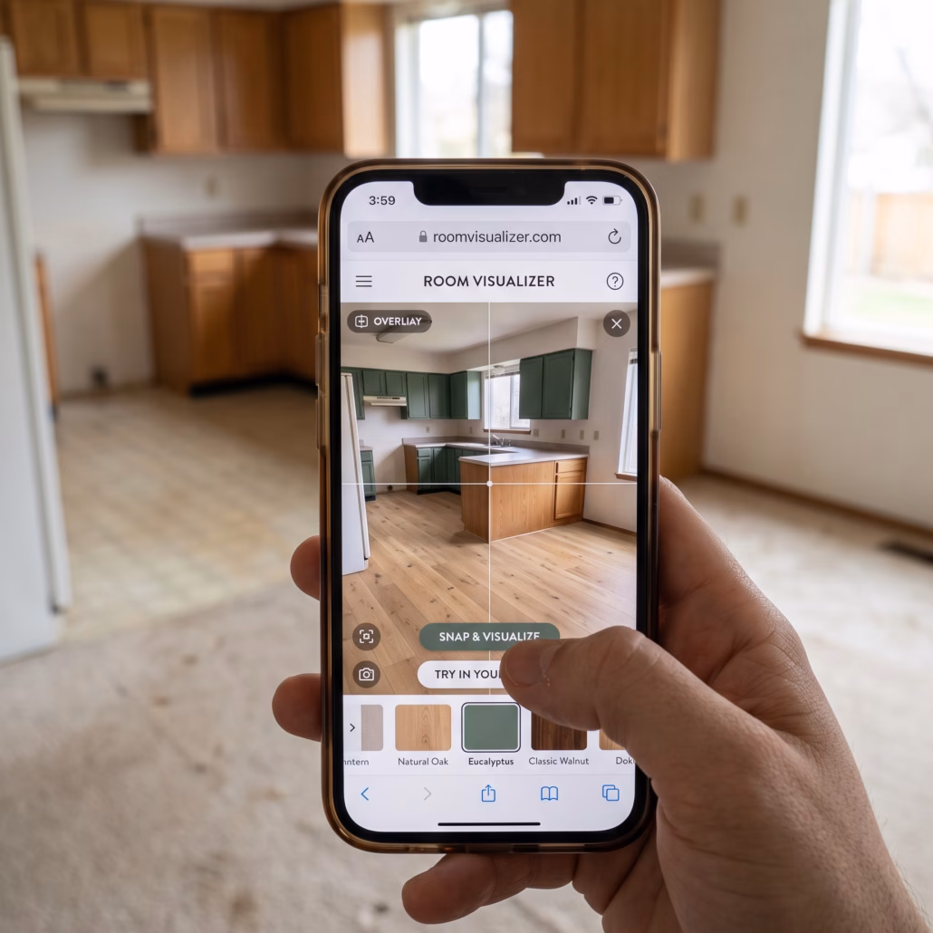 A homeowner using a mobile visualizer app on their smartphone to preview and transform an outdated kitchen and living space with new hardwood flooring and premium green cabinetry.