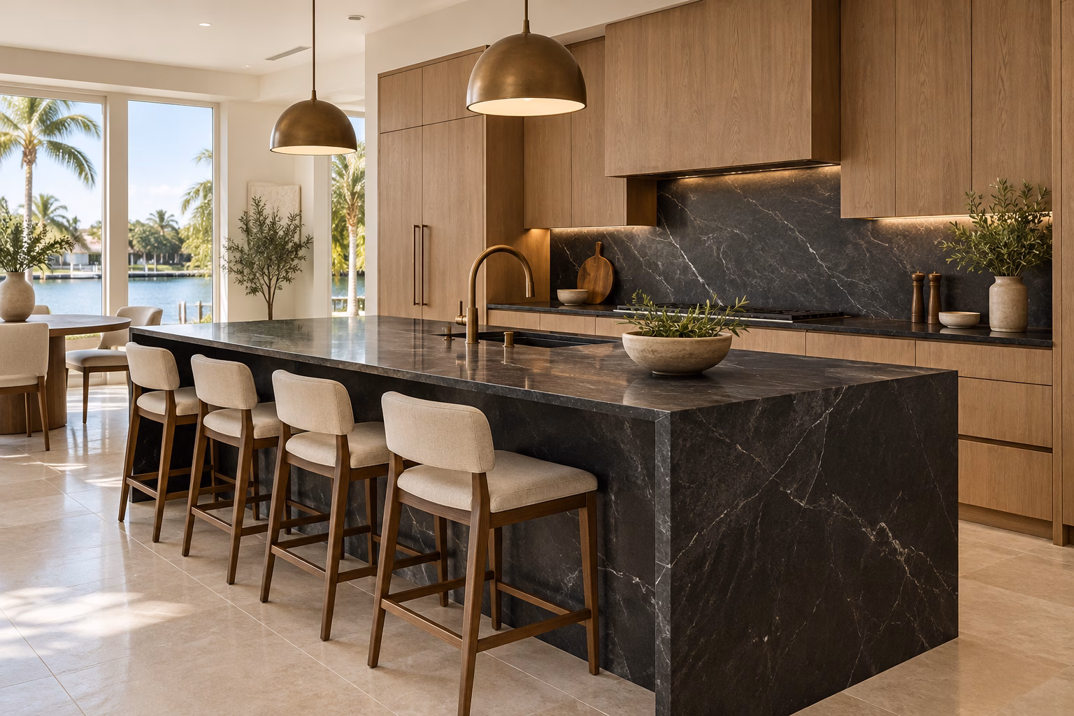 Charcoal stone waterfall island and backsplash in a bright oak kitchen