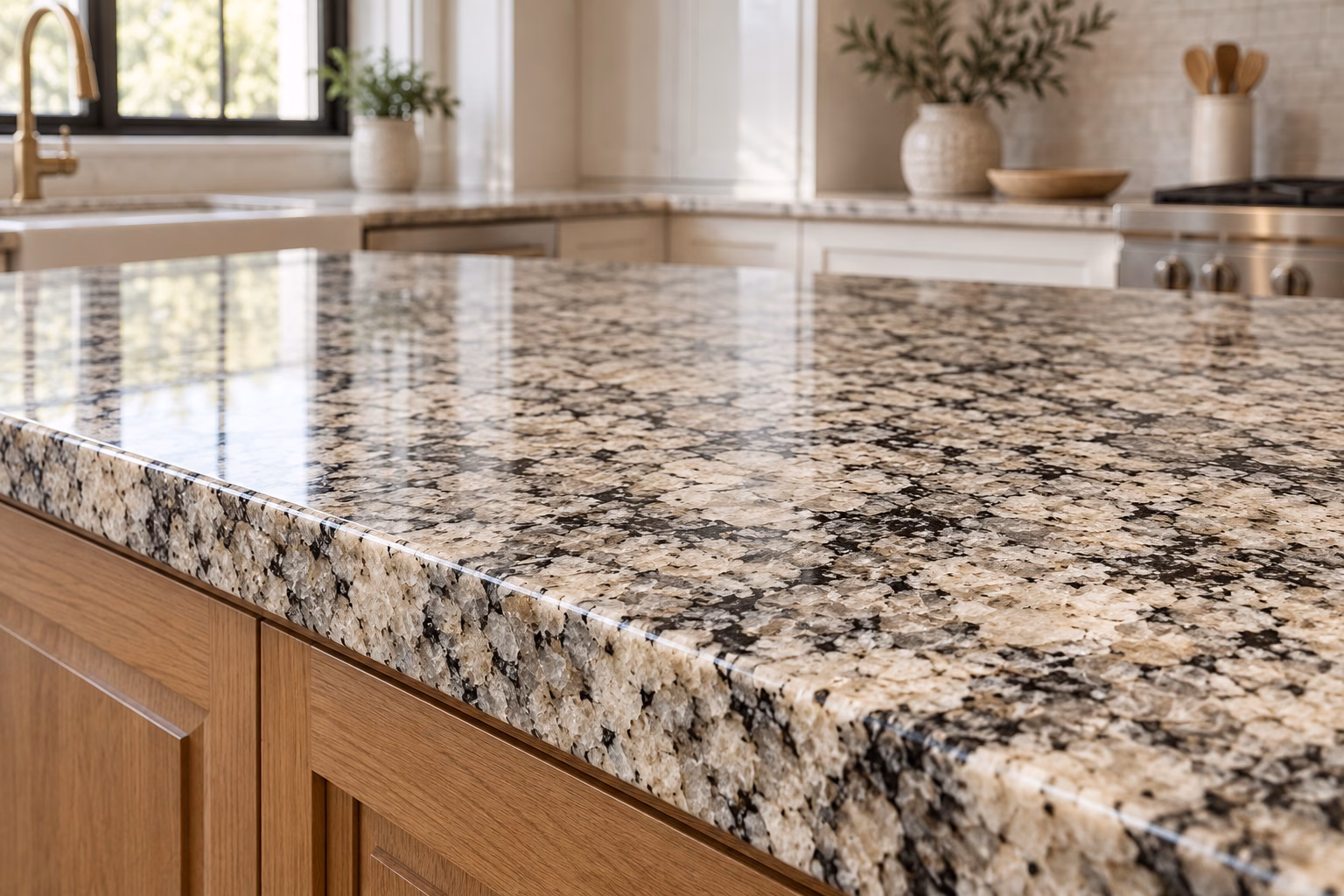Polished granite countertop with black, gray and ivory mineral patterns