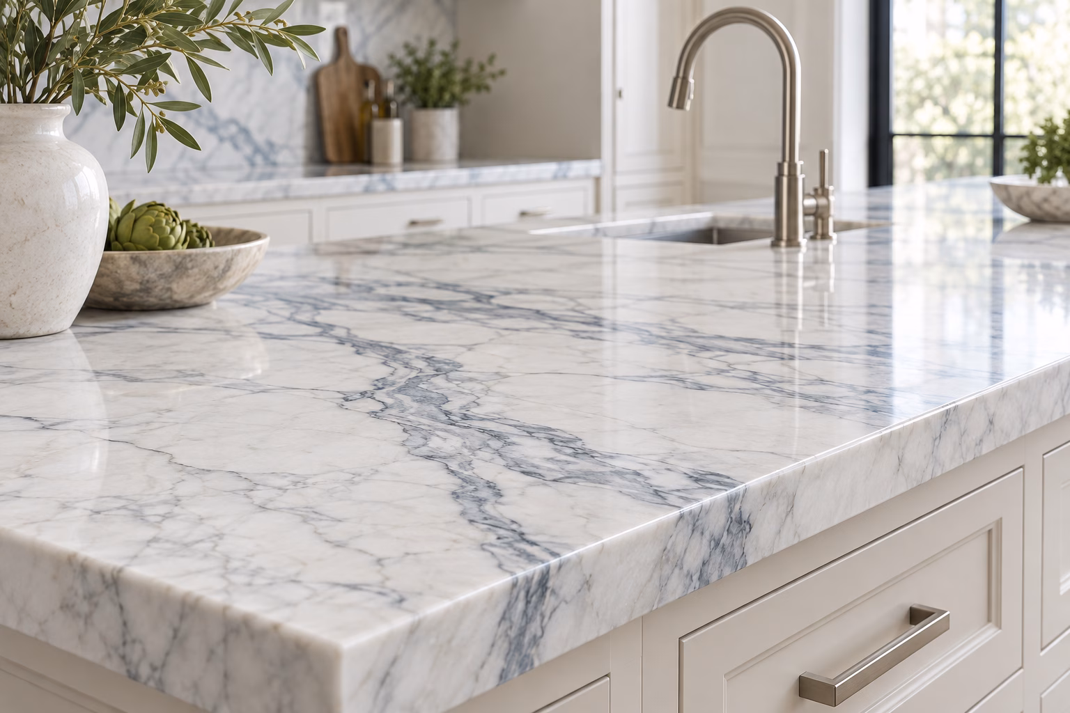 White marble countertop with flowing blue-gray veining