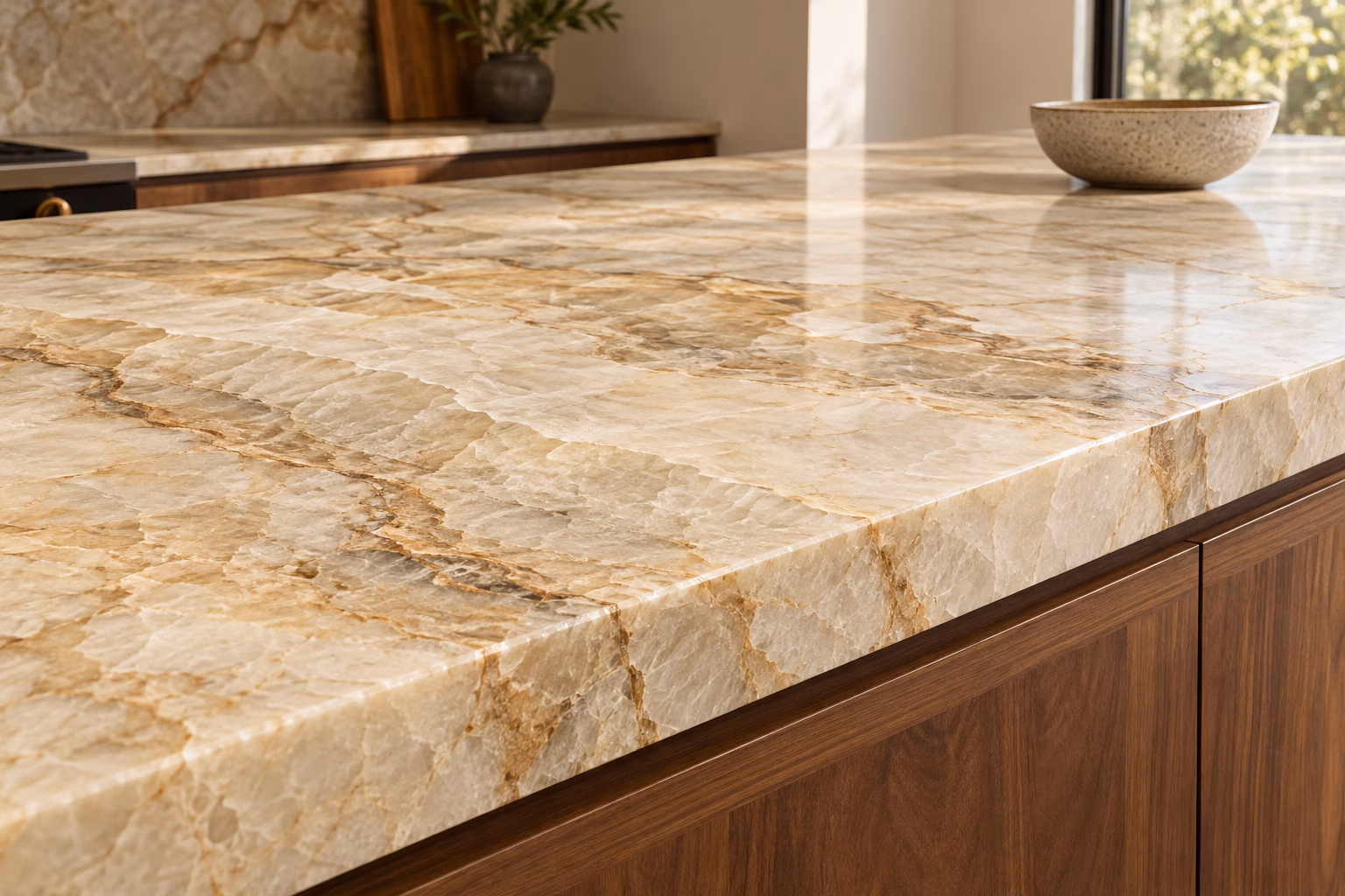 Warm ivory quartzite countertop with flowing honey-colored mineral layers