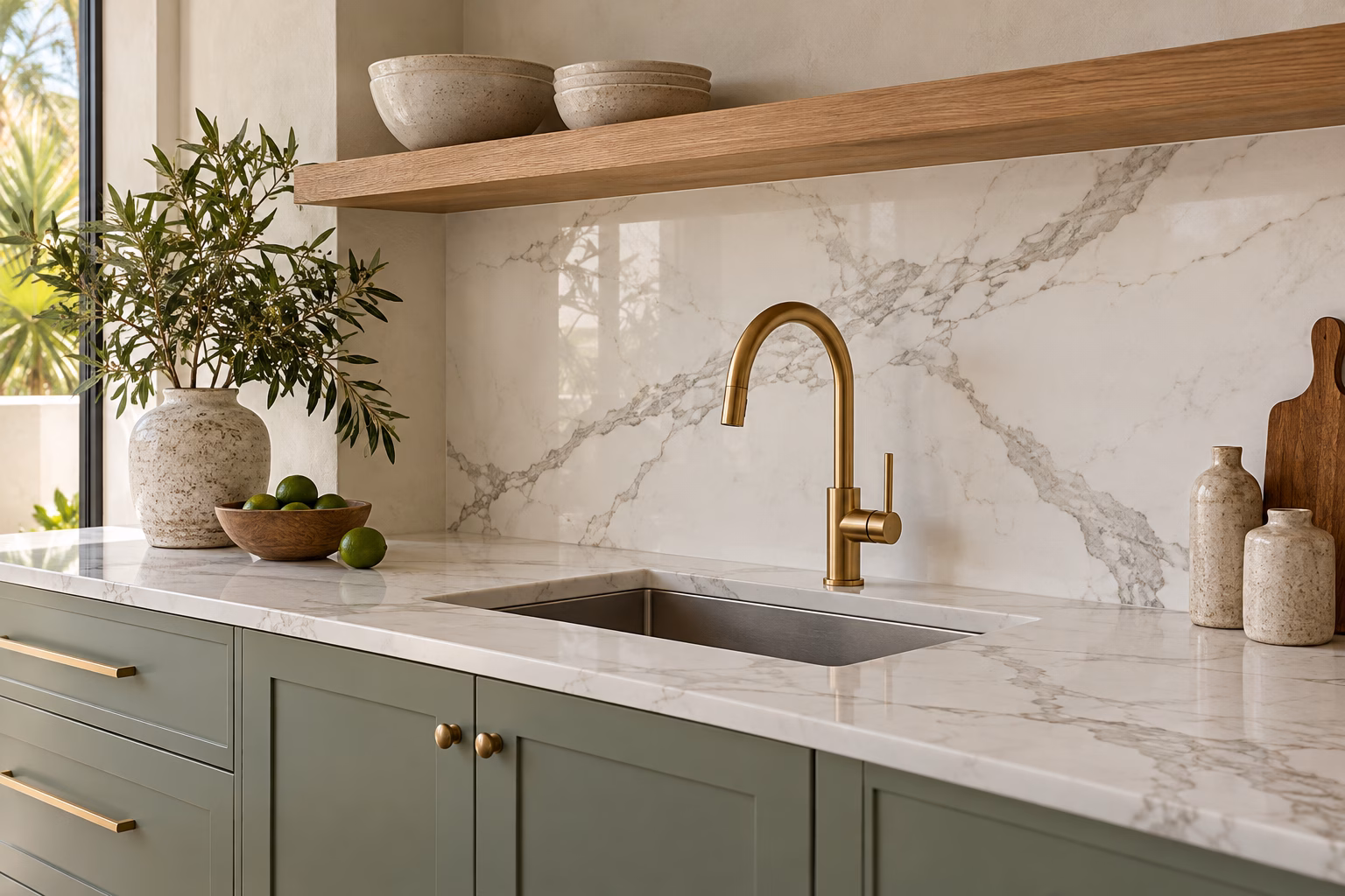 White quartz full-height backsplash above sage kitchen cabinets