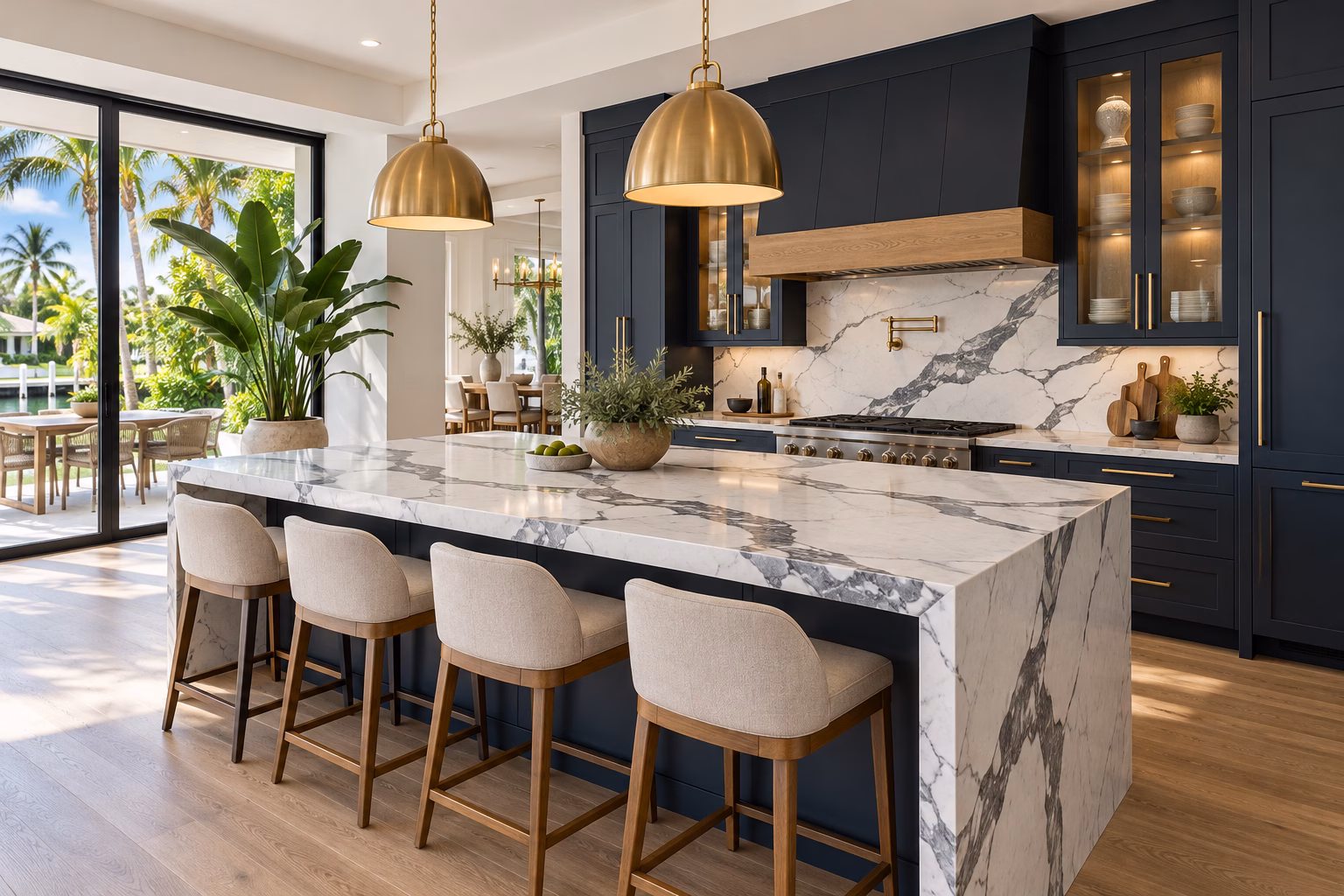 Dramatic gray-veined quartz island with charcoal kitchen cabinets